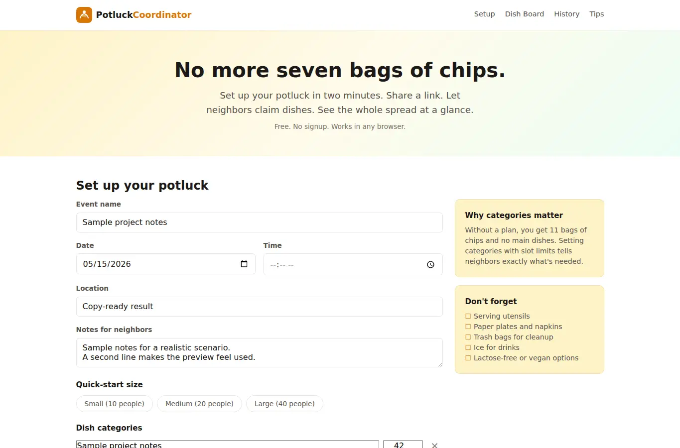Screenshot of Neighborhood Potluck Coordinator interface showing the project page in use